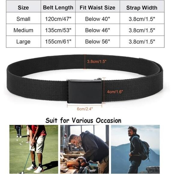 Mens Canvas Web Belt Adjustable Military Style Flip Top Buckle Black Cut Fit - Picture 6 of 7